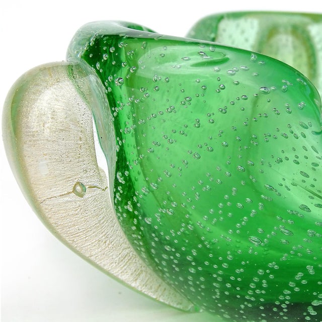 Murano Vintage Murano Seguso Vetri d'Arte Gold Flecks Green Sommerso Bubbles Italian Art Glass Bowl Ashtray For Sale - Image 4 of 5
