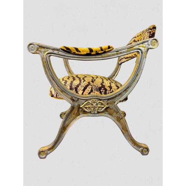Vintage Curule Style Chair Pair Newly Upholstered Silk Tiger Velvet For Sale - Image 9 of 15