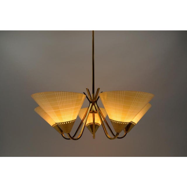 Mid-Century 5-Light Glass & Brass Ceiling Lamp, 1950s For Sale - Image 9 of 16