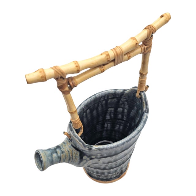 John Kinder Bend Oregon Studio Pottery Teapot Planter Bamboo Handle 12.5" For Sale - Image 11 of 13