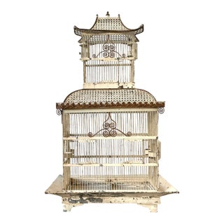 Vintage Distressed Chinoiserie Metal Birdcage For Sale