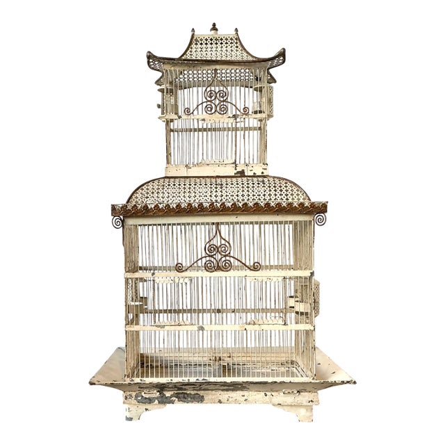 Vintage Distressed Chinoiserie Metal Birdcage For Sale