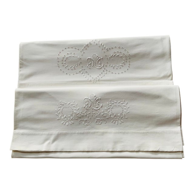 1930s White-on-White Embroidered Monogram Cotton Flat Sheets — Pair, Full/Double "Matrimonial" Size, 92" × 60" For Sale