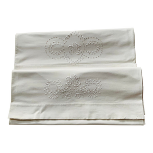 1930s White-on-White Embroidered Monogram Cotton Flat Sheets — Pair, Full/Double "Matrimonial" Size, 92" × 60"