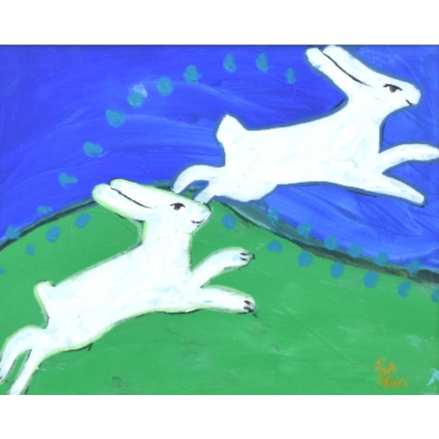 Abstract Folk Art Hopping Bunnies Rabbits Hares Oil Painting Including the Antiqued Gold Frame For Sale - Image 3 of 5