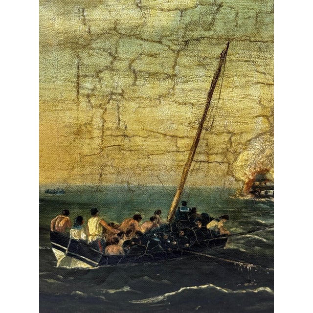 Victorian British Naval Marine Oil Painting HMS Bombay on Fire Off Montevideo 1864 After Beechey For Sale - Image 9 of 18