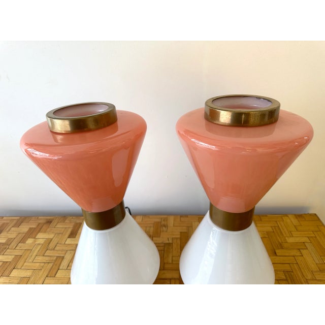Pair of Diabolo Lamps Pink and White Murano Glass. Italy For Sale - Image 11 of 12