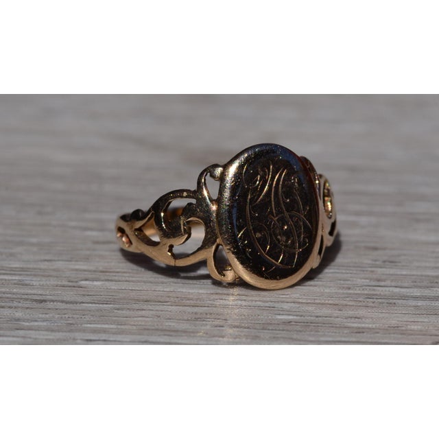 Metal The Lithonia: Ladies Yellow Gold Engraved Signet Ring For Sale - Image 7 of 10