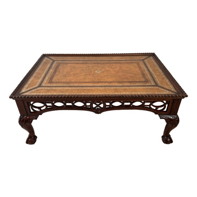 1980s Maitland-Smith Cocktail Table: Tooled Leather, Carved Fretwork, Ball & Claw Feet For Sale