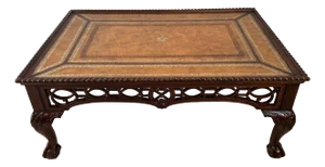 1980s Maitland-Smith Cocktail Table: Tooled Leather, Carved Fretwork, Ball & Claw Feet