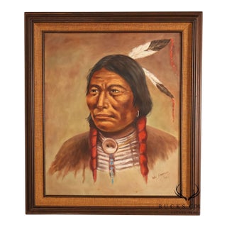 Framed Native American Portrait Painting Signed Wil Hamond 1981 "Lone Hawk" For Sale