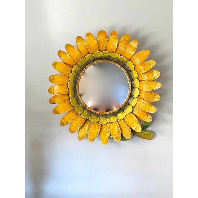 Fabulous 1970s artisan made papier mache framed mirror presented in a vibrant sunflower. This 3-dimensional pop art mirror...