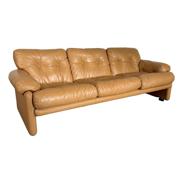 Vintage 1970s Tan Leather Scarpa B & B Italia Sofa For Sale