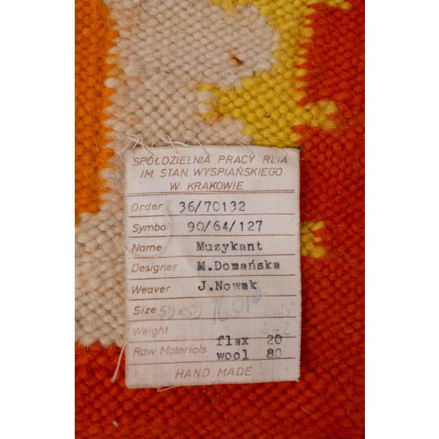 Polish Hand-Knotted Square Wall Tapestry with Musician Motif, 1960s For Sale - Image 4 of 12
