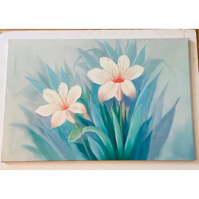 American oil on canvas floral painting of two large white petals Floweers signed R Francis, cca 1970. On a stretcher.