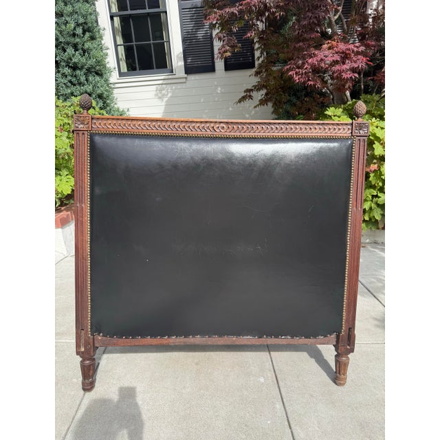 Antique Neoclassical Carved Wood & Black Leather Full-Size Headboard, Fluted Posts & Pinecone Finials For Sale - Image 9 of 12