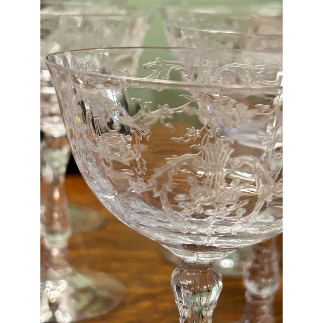 Transparent Vintage Fostoria “Navarre” Etched Crystal Coupes or Sherbets - A Set of 7 For Sale - Image 8 of 9