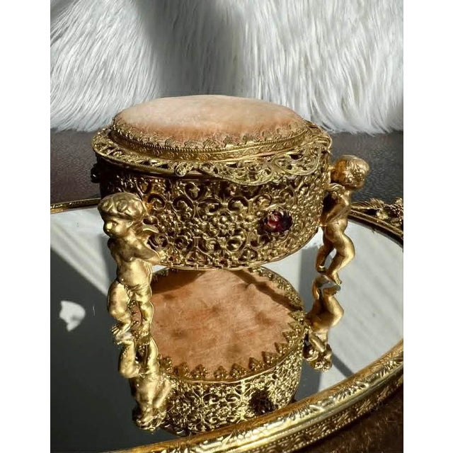 Goldenrod Three Footed Cherub Round StyleBuilt Style Vintage Design Jewelry Casket/ Box With Pink Plush on the Top and Inside & Burgundy Red Stones Decoration For Sale - Image 8 of 11