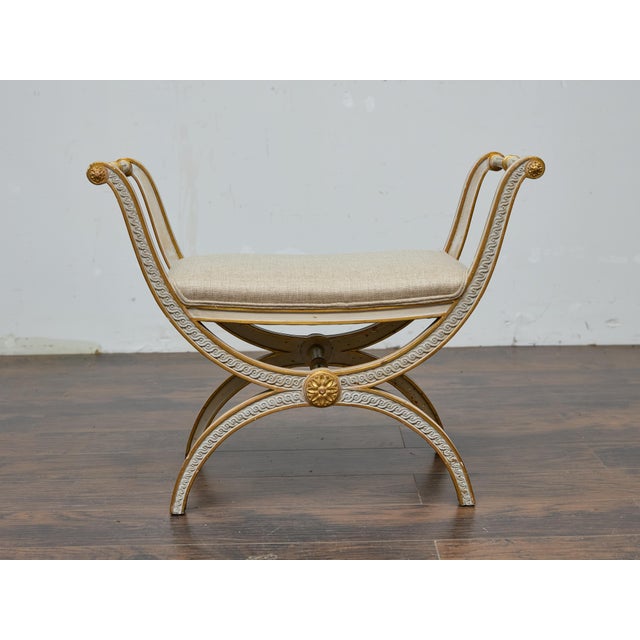Mid 20th Century French Neoclassical Style Curule Stool, Gilded Wood and Upholstered Seat For Sale - Image 5 of 12