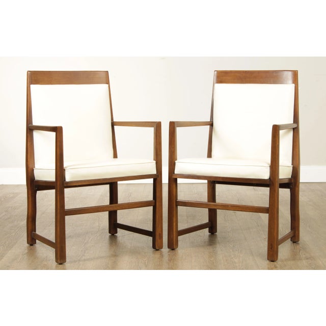 High Quality American Made Vintage Pair of Solid Wood Frame Armchairs with Vinyl Upholstered Seats and Back Rests