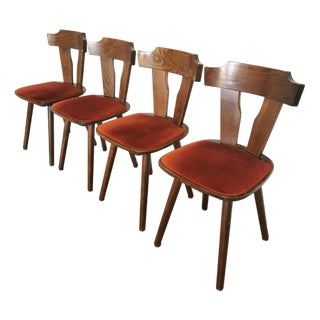 Vintage Tyrolean Dining Chairs with Red Fabric Seats, 1970s, Set of 4 For Sale
