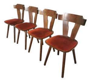 Vintage Tyrolean Dining Chairs with Red Fabric Seats, 1970s, Set of 4