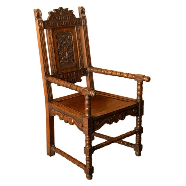 Antique Welsh Carved Oak Eisteddfod Bardic Chair Newmarket Trelawnyd Wales 1901 For Sale - Image 12 of 17
