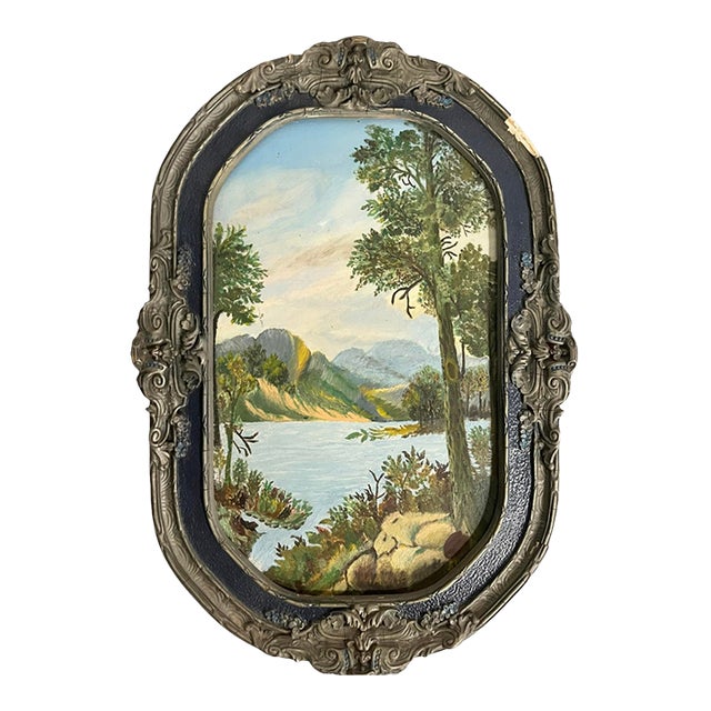 Vintage Folk Art Landscape Painting in Ornate Carved Frame For Sale