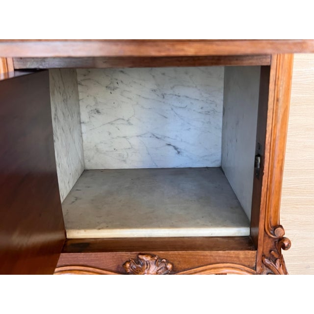 Brown Antique French Mahogany Night Stands with marble top and wheels, 1900, 2 Pieces For Sale - Image 8 of 18