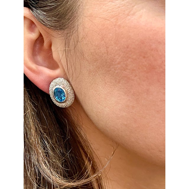 5 Carat Oval Shape Blue Topaz and Diamond Omega Back Clip Earring 14 Karat Gold For Sale - Image 13 of 18