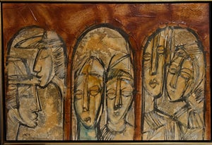 Moshe Katz, Modernist Israeli Judaica Jewish Rabbi Mixed Media Collage Painting Moshe Katz, c. 1950's