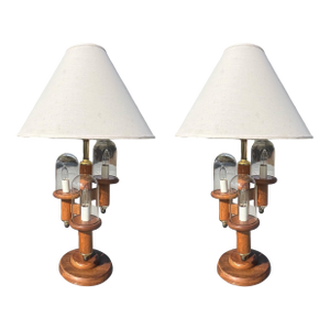 Vintage Mid Century Modern Pair Cactus Oak Glass Table Lamps Attributed to Charles Gibilterra for Modeline Brass