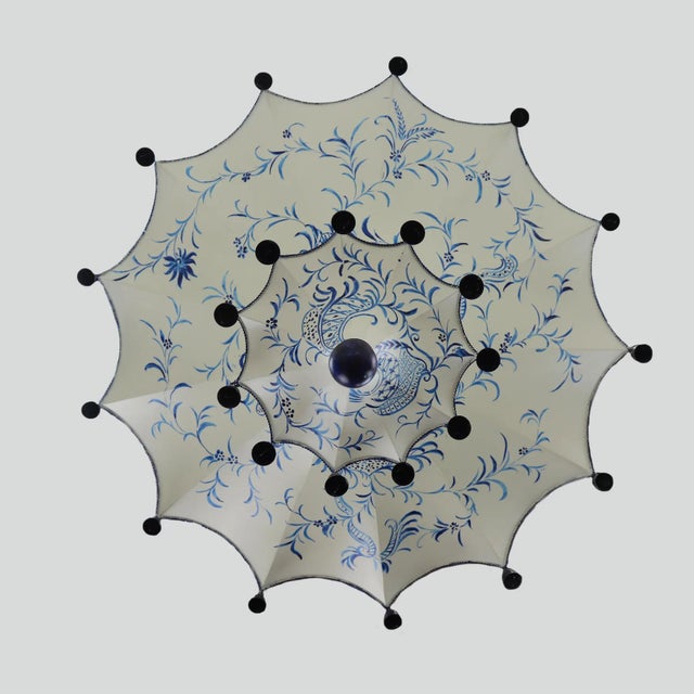 Chinoiserie Vintage Two Tiers Upside Down Umbrella Ceiling Chandelier With Bells, White/ Blue in Arabasic Design Style For Sale - Image 3 of 10