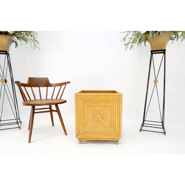 Mid-Century Modern Reed Bamboo Rattan Square Cube Shape Planter Stand on Wheels For Sale - Image 11 of 12