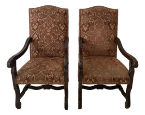 Baroque Style Renaissance Revival Tuscan Tall Back Carved Open Armchairs Upholstered Seat and Back Excellent Condition.