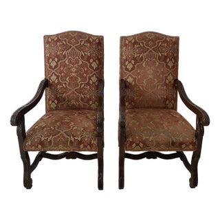 Vintage Exquisitely Majestic Baroque Style Tuscan Tall Back Carved Open Armchairs Upholstered Seat and Back For Sale