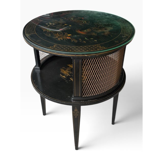 Chinoiserie Vintage Chinoiserie Black Lacquer Round Two-Tier Side Table With Glass Top For Sale - Image 3 of 10