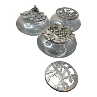 Gorgeous Trio of Potpourri Squat Vases With Filigree Pewter Lids. For Sale