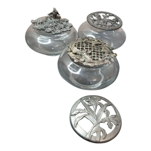 Gorgeous Trio of Potpourri Squat Vases With Filigree Pewter Lids.