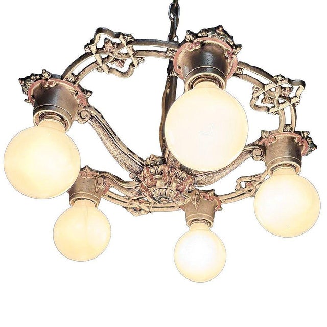 Art Deco 1928 Art Deco Brass Petite Five Light Circular Polychrome Chandelier For Sale - Image 3 of 11