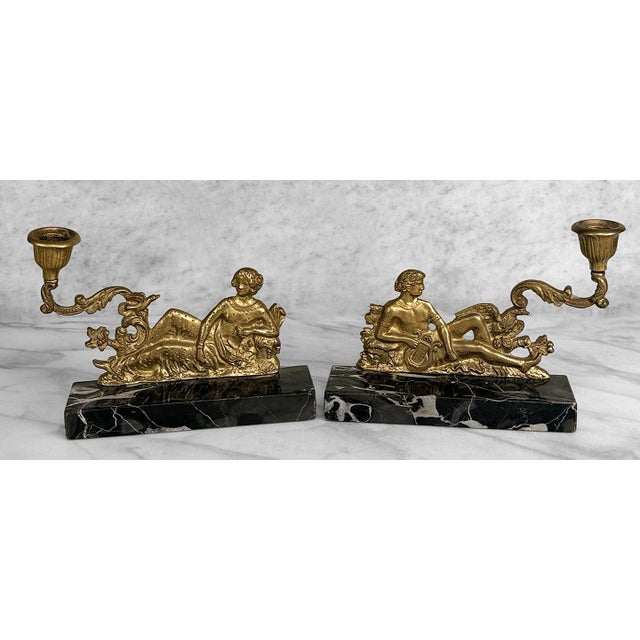 - Original Mid 20th Century French Neoclassical Figural Mantle Candlestick Holders - Matching Pair Shows a Man w/ Lyre and...