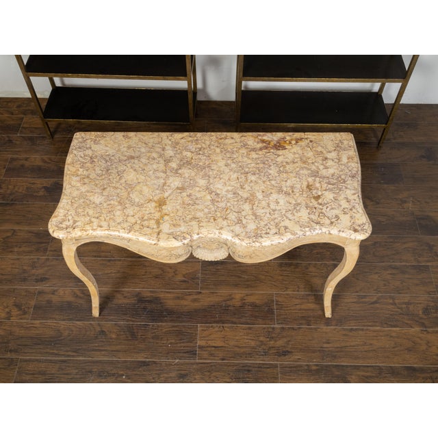 French Rococo 18th Century Beech Wood Marble Top Console Table with Carved Apron For Sale - Image 4 of 11