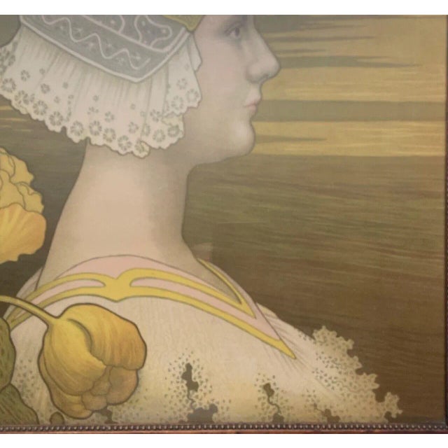 Yellow Original 1901 Paul Berthon 'queen Wilhemina' Art Nouveau Chromolithograph in Oak For Sale - Image 8 of 12