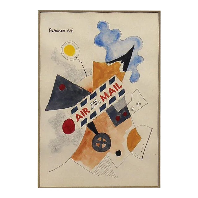 Original Signed Gustavo Bravo "Air Mail" Watercolor Painting, Framed For Sale