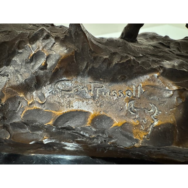 Bronze 1940s Western Bronze Cowboy Roping Cattle Sculpture Signed Charles M Russell Style on Marble Base For Sale - Image 8 of 8