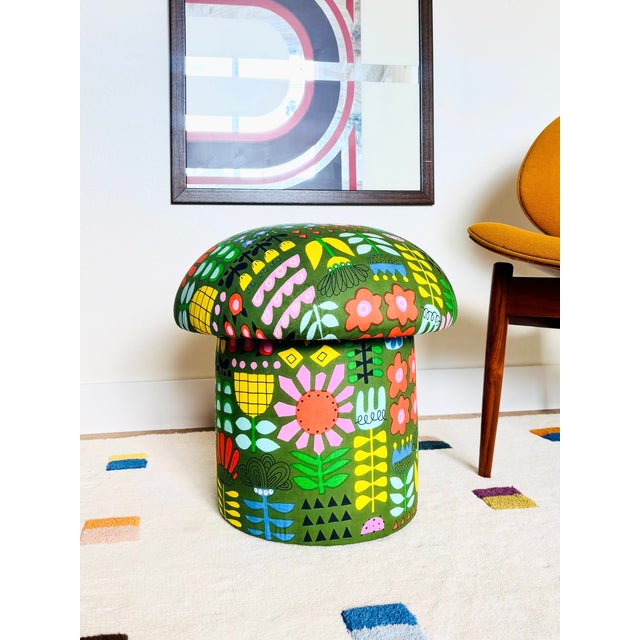Mid-Century Modern Mushroom Ottoman in Green Garden Hand Block Printed Fabric For Sale - Image 3 of 11