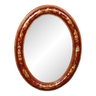 Red Lacquered Chinoiserie Oval Hand Painted Wall Mirror For Sale