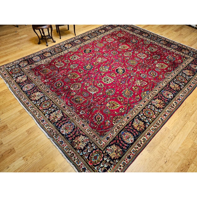 Vintage Tabriz Room Size Rug in Allover Floral Pattern in Red, Navy, Turquoise, Green For Sale - Image 12 of 12