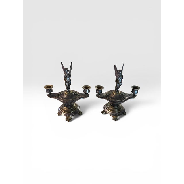 Pair of Antique Victorian Silver Plate Cherub Two-Light Candlesticks For Sale - Image 9 of 12