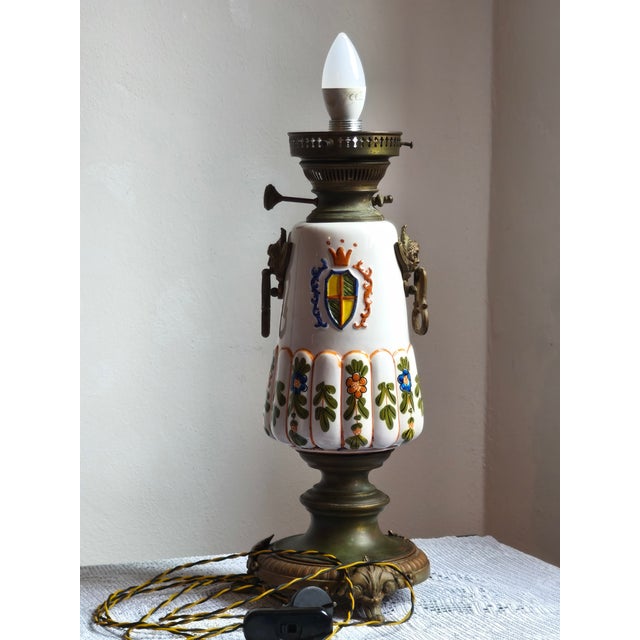 Mid-Century Italian Brass & Ceramic Table Lamp with Frosted Etched Glass Shade, 1950s For Sale - Image 14 of 15